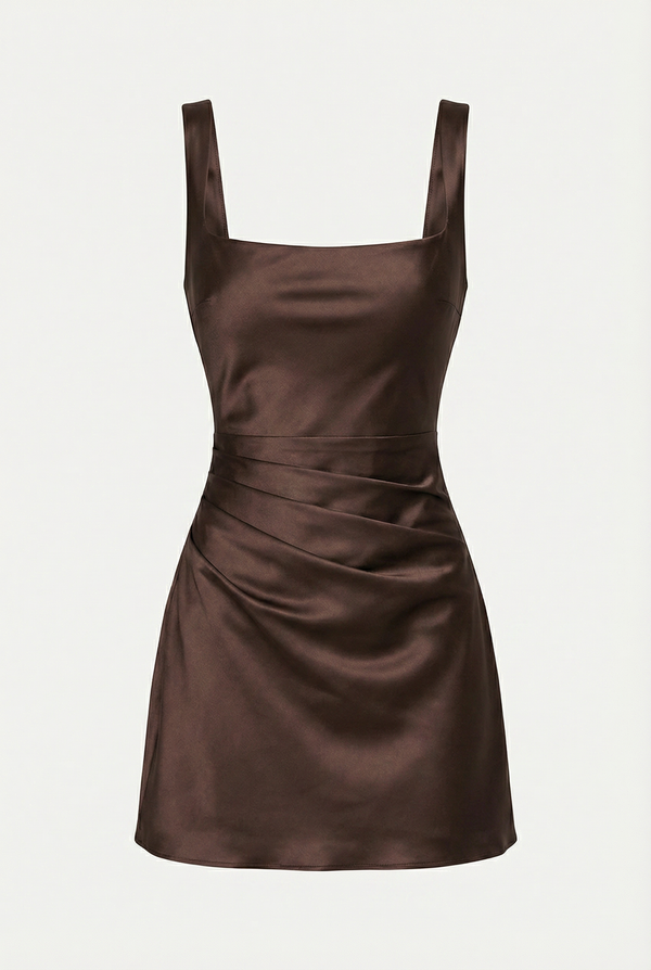 Sofie Square Neck Satin Mini Dress – Brown