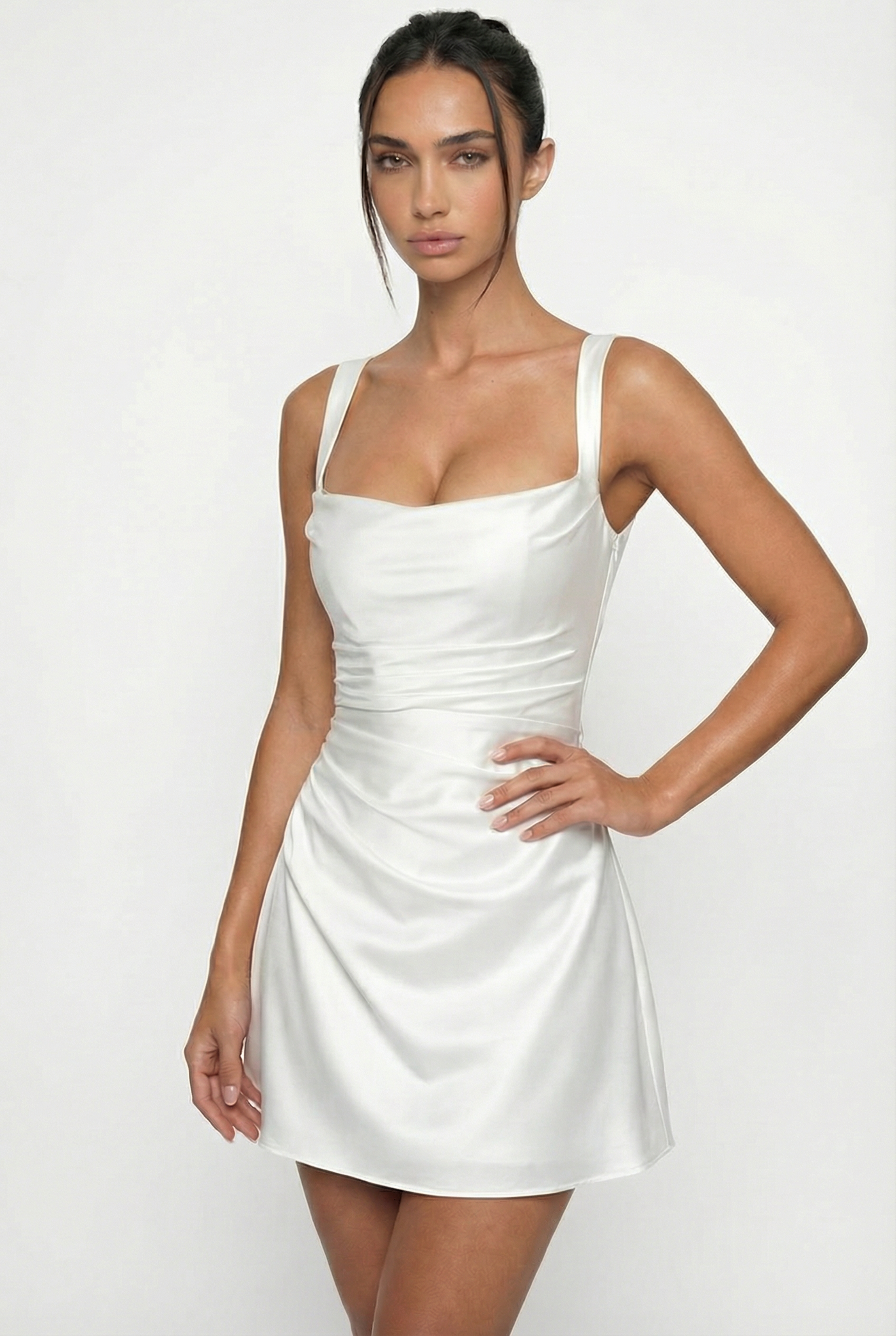 Sofie Square Neck Satin Mini Dress – White