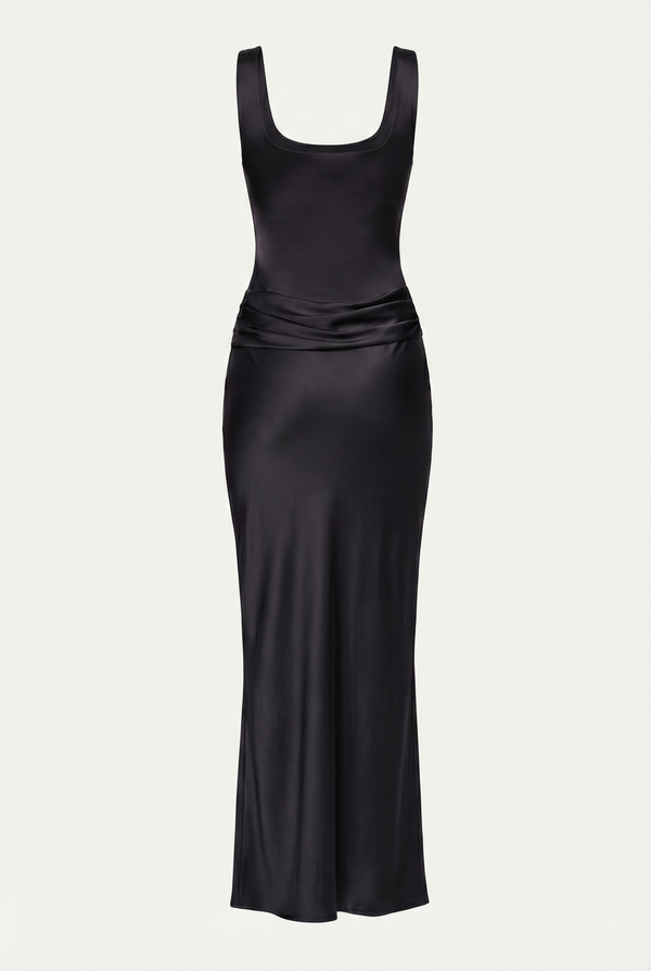 Zelda Corset Satin Maxi Dress – Black