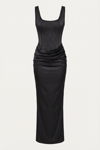 Zelda Corset Satin Maxi Dress – Black