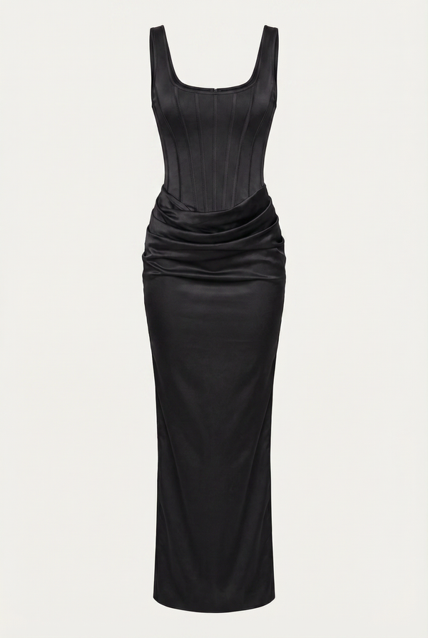Zelda Corset Satin Maxi Dress – Black