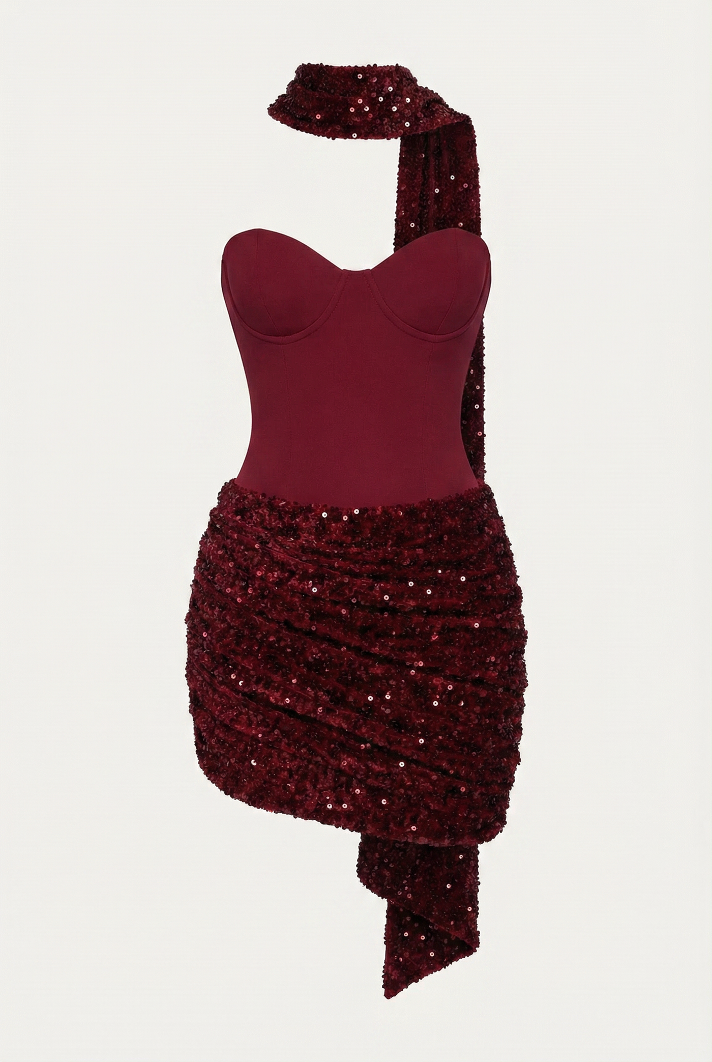 Adena Sequin Sculpt Mini Dress with Scarf - Burgundy