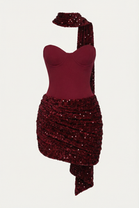 Adena Sequin Sculpt Mini Dress with Scarf - Burgundy