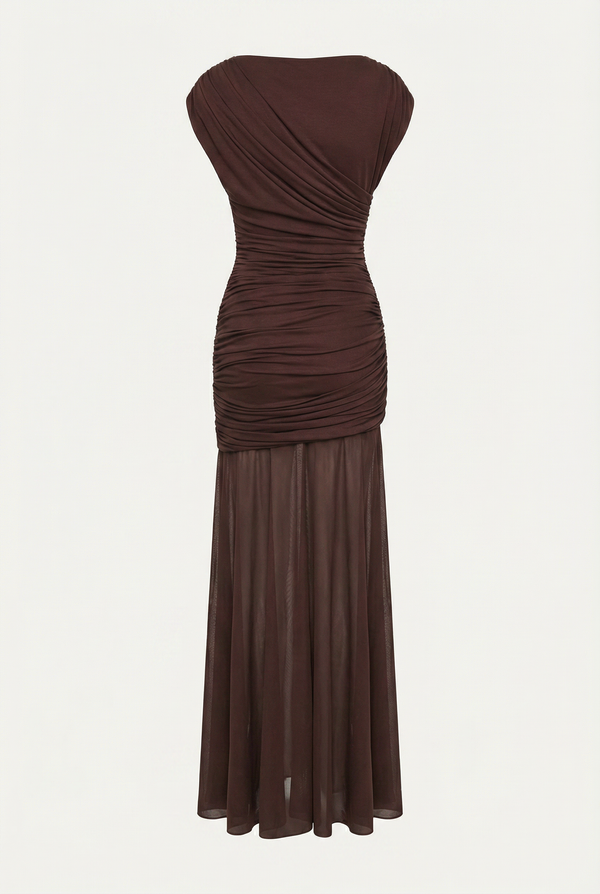 Amaya Sculpted Drape Maxi Dress - Brown