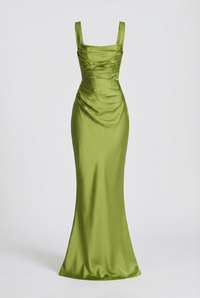 Angelina Structured Satin Corset Maxi Dress with Scarf – Green