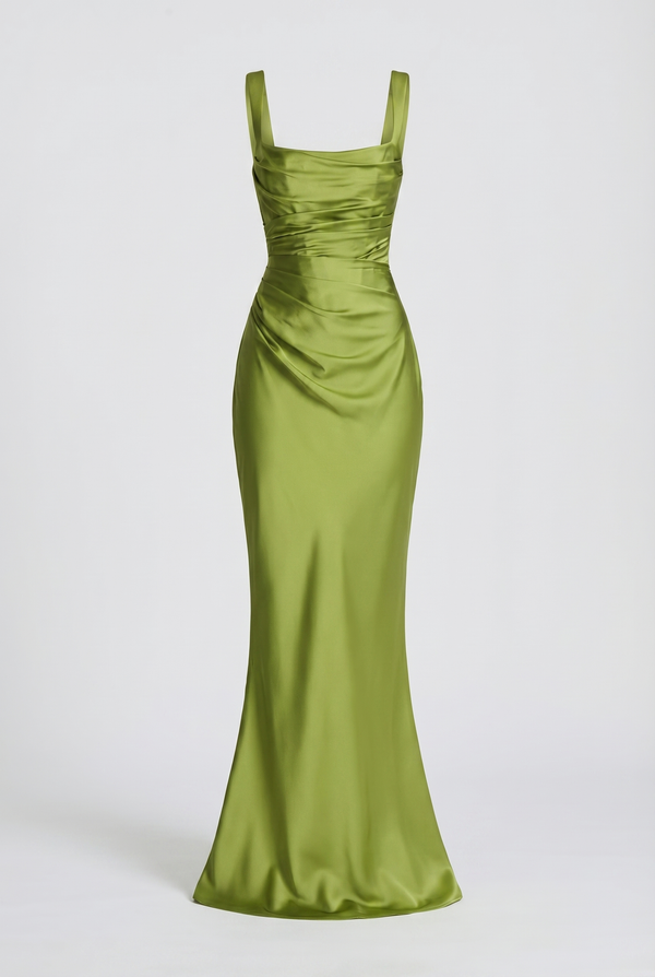 Angelina Structured Satin Corset Maxi Dress with Scarf – Green