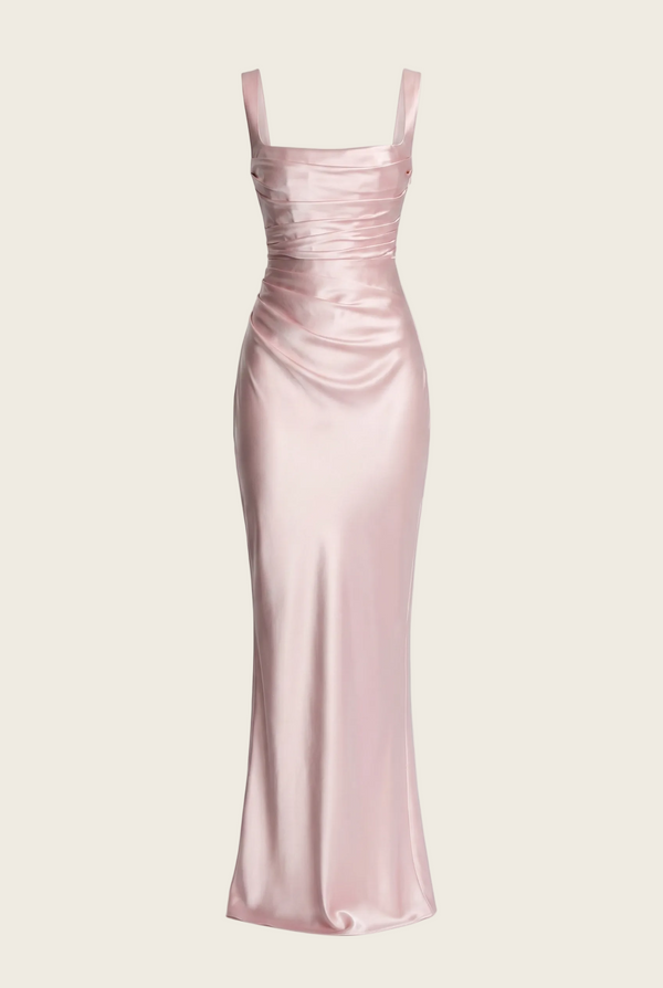 Angelina Structured Satin Corset Maxi Dress with Scarf - Pink