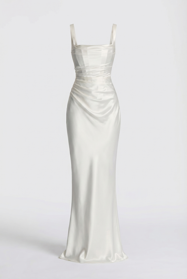 Angelina Structured Satin Corset Maxi Dress with Scarf - White