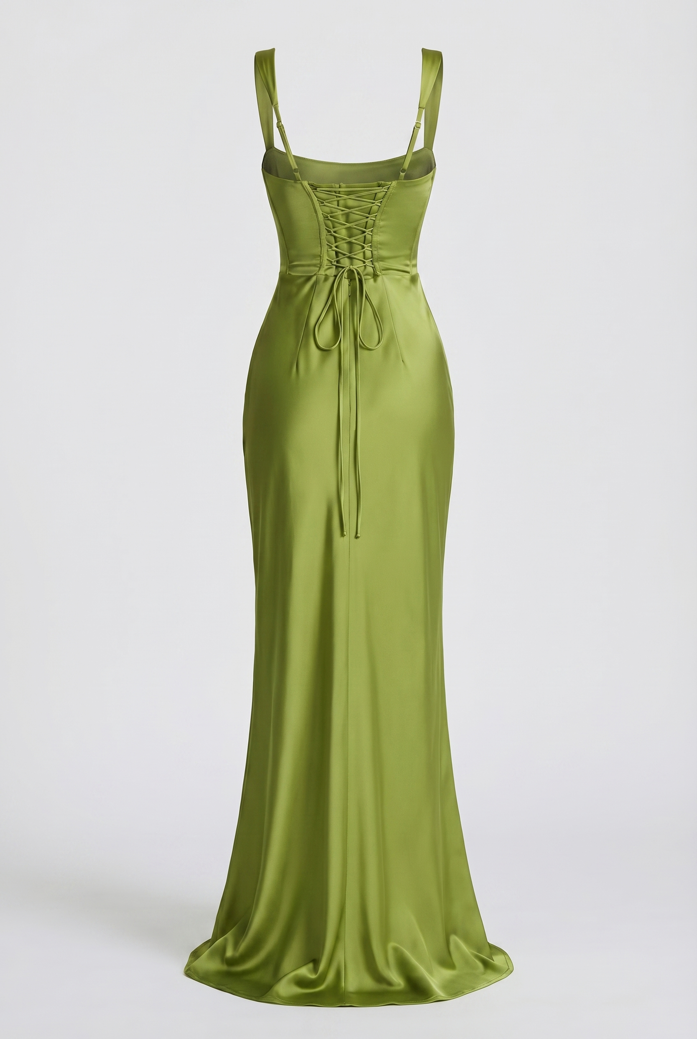 Angelina Structured Satin Corset Maxi Dress with Scarf – Green