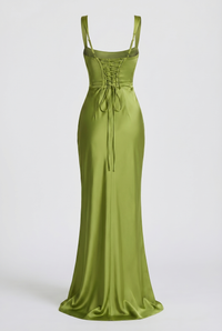 Angelina Structured Satin Corset Maxi Dress with Scarf – Green