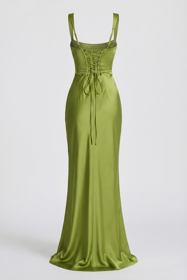 Angelina Structured Satin Corset Maxi Dress with Scarf – Green