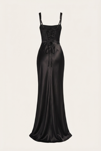 Angelina Structured Satin Corset Maxi Dress with Scarf - Black
