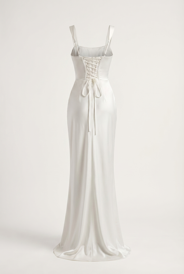 Angelina Structured Satin Corset Maxi Dress with Scarf - White