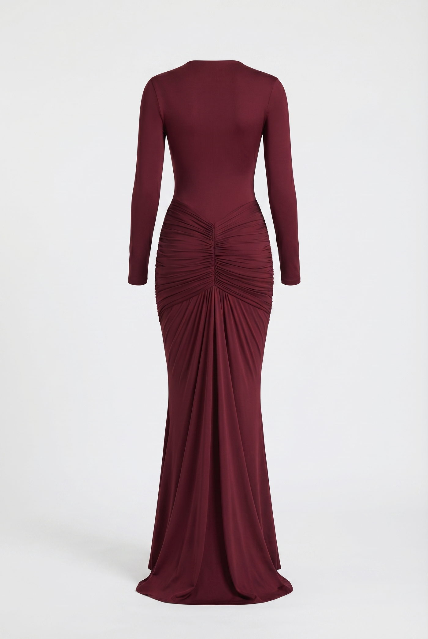 Bella Ruched Deep Plunge Maxi Dress – Burgundy