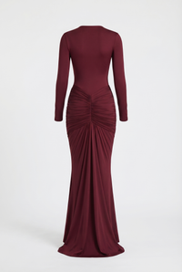 Bella Ruched Deep Plunge Maxi Dress – Burgundy