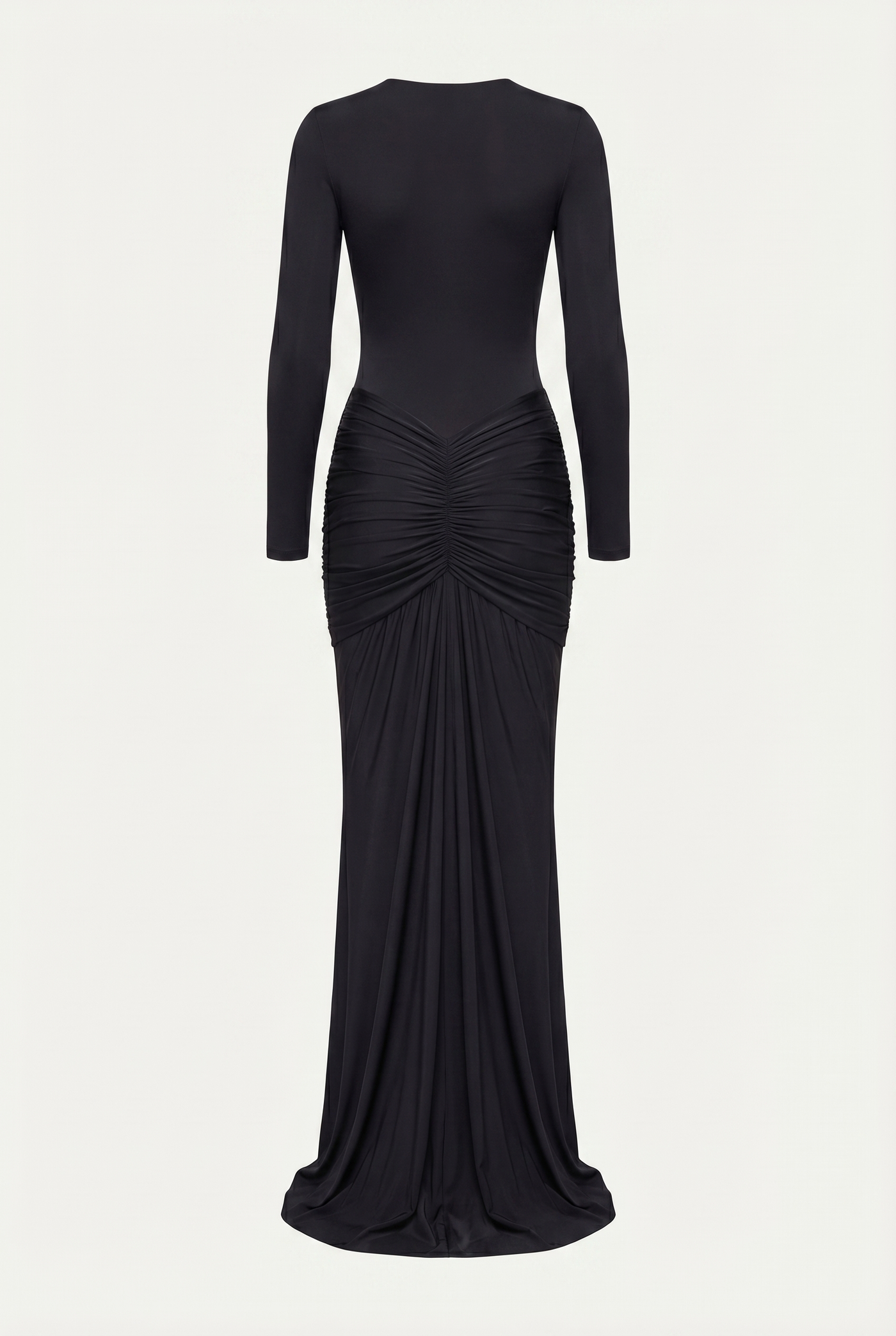 Bella Ruched Deep Plunge Maxi Dress – Black