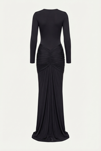 Bella Ruched Deep Plunge Maxi Dress – Black