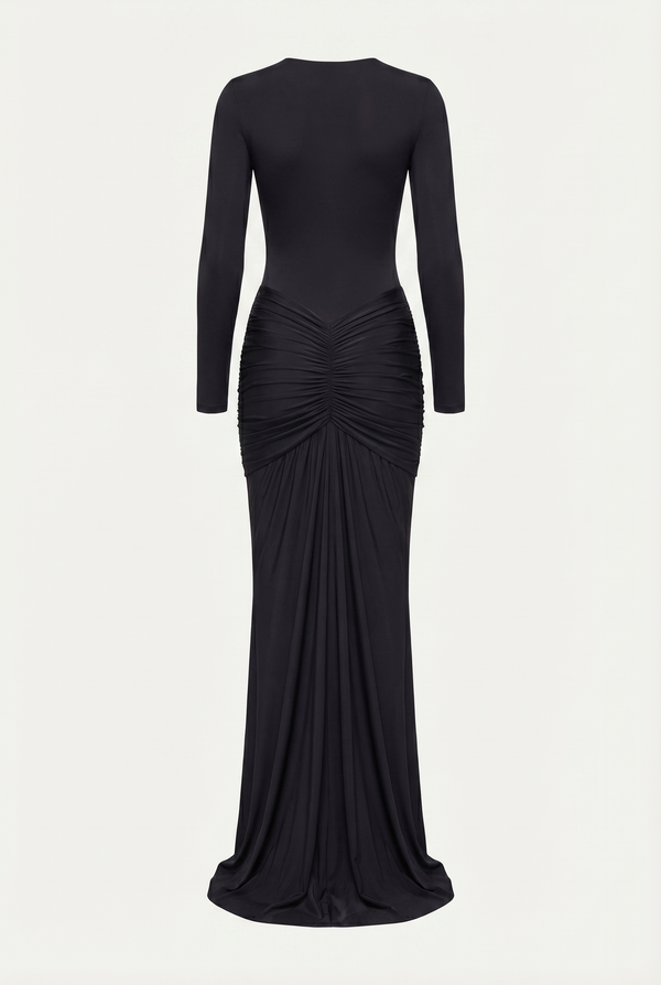 Bella Ruched Deep Plunge Maxi Dress – Black