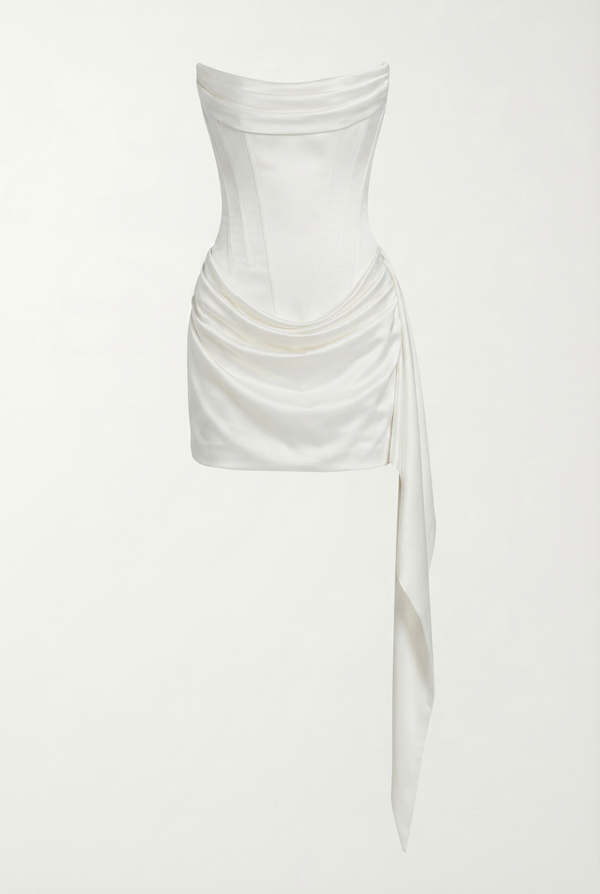 Blanca Draped Satin Corset Mini Dress with Scarf – White