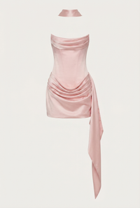 Blanca Draped Satin Corset Mini Dress with Scarf – Pink