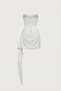 Blanca Draped Satin Corset Mini Dress with Scarf – White