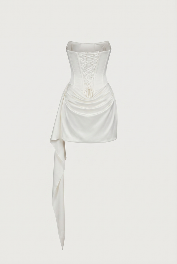 Blanca Draped Satin Corset Mini Dress with Scarf – White