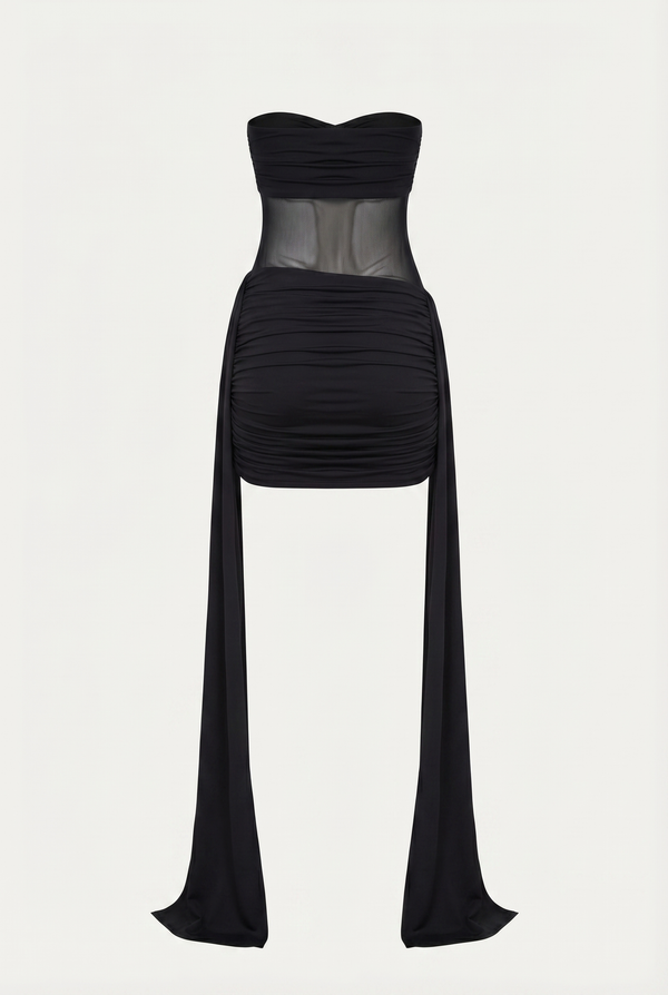 Dalia Sheer Draped Mini Dress – Black