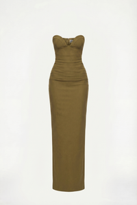 Esther Strapless Maxi Dress with Sheer Scarf – Olive