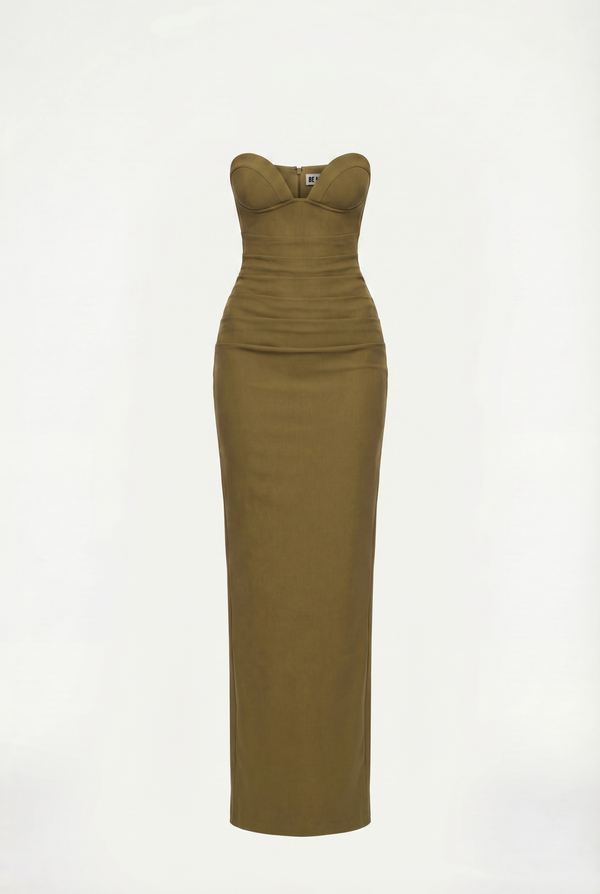Esther Strapless Maxi Dress with Sheer Scarf – Olive