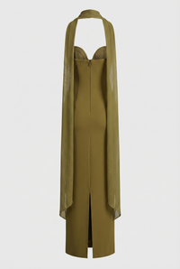 Esther Strapless Maxi Dress with Sheer Scarf – Olive