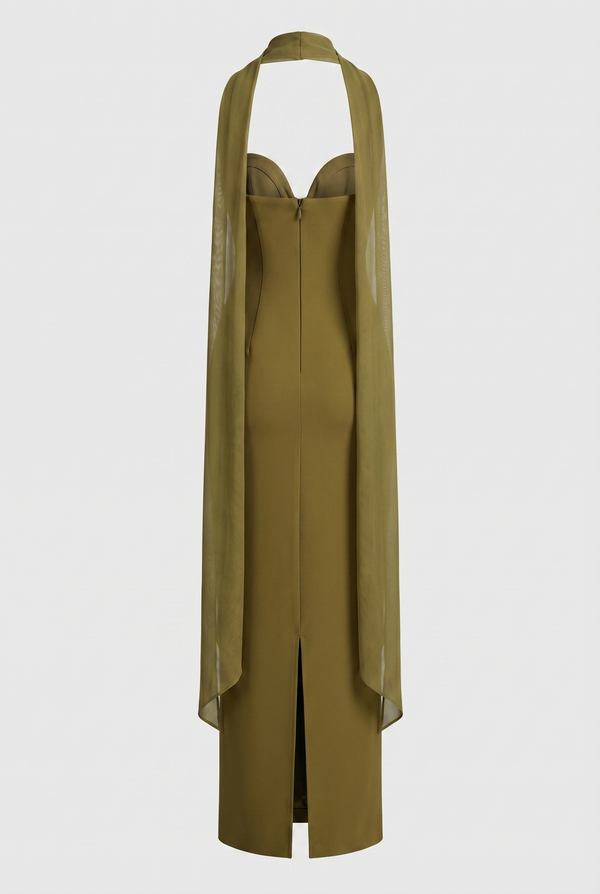 Esther Strapless Maxi Dress with Sheer Scarf – Olive