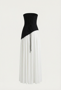 Etta Strapless Corset Maxi Dress with Scarf – Black & White