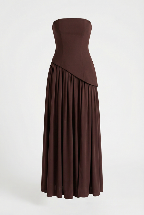 Etta Strapless Corset Maxi Dress with Scarf – Brown