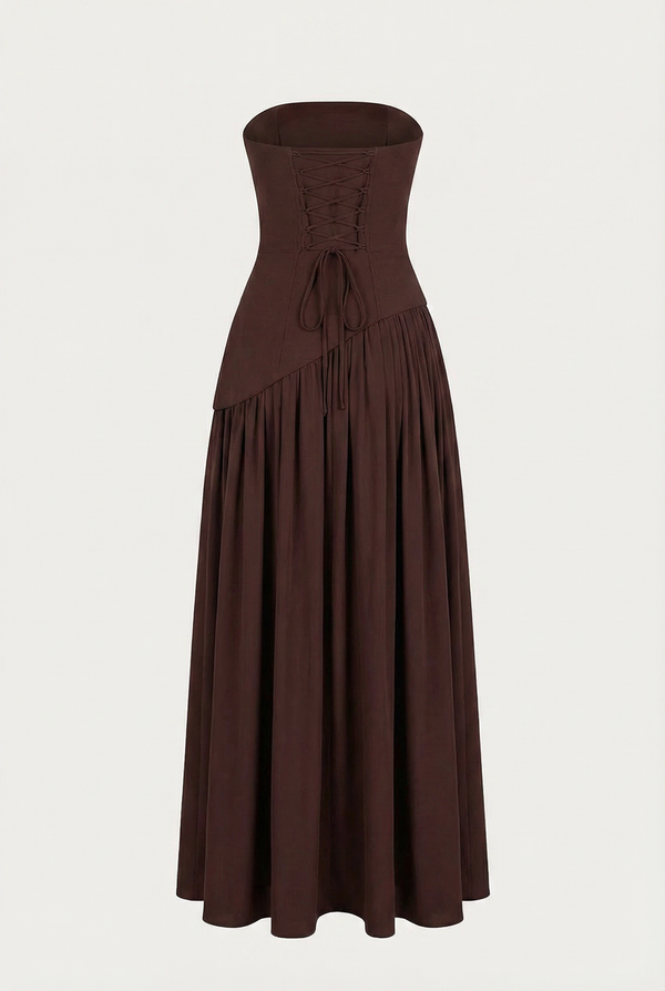 Etta Strapless Corset Maxi Dress with Scarf – Brown