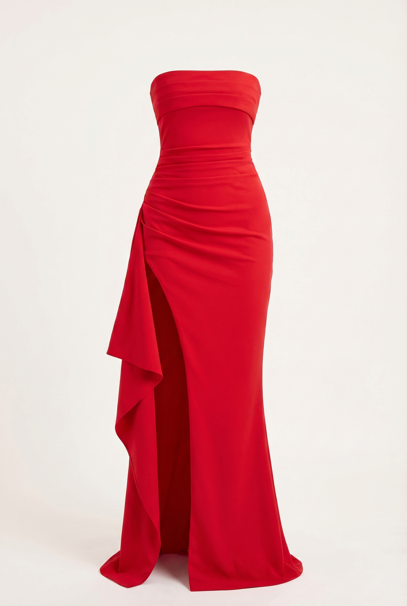 Elyna Strapless Draped High-Slit Maxi Dress – Red