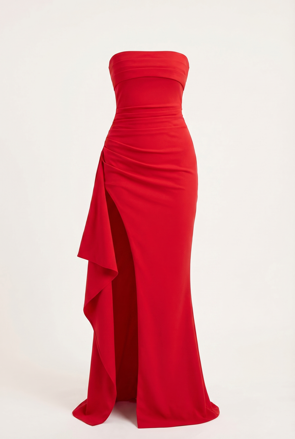 Elyna Strapless Draped High-Slit Maxi Dress – Red