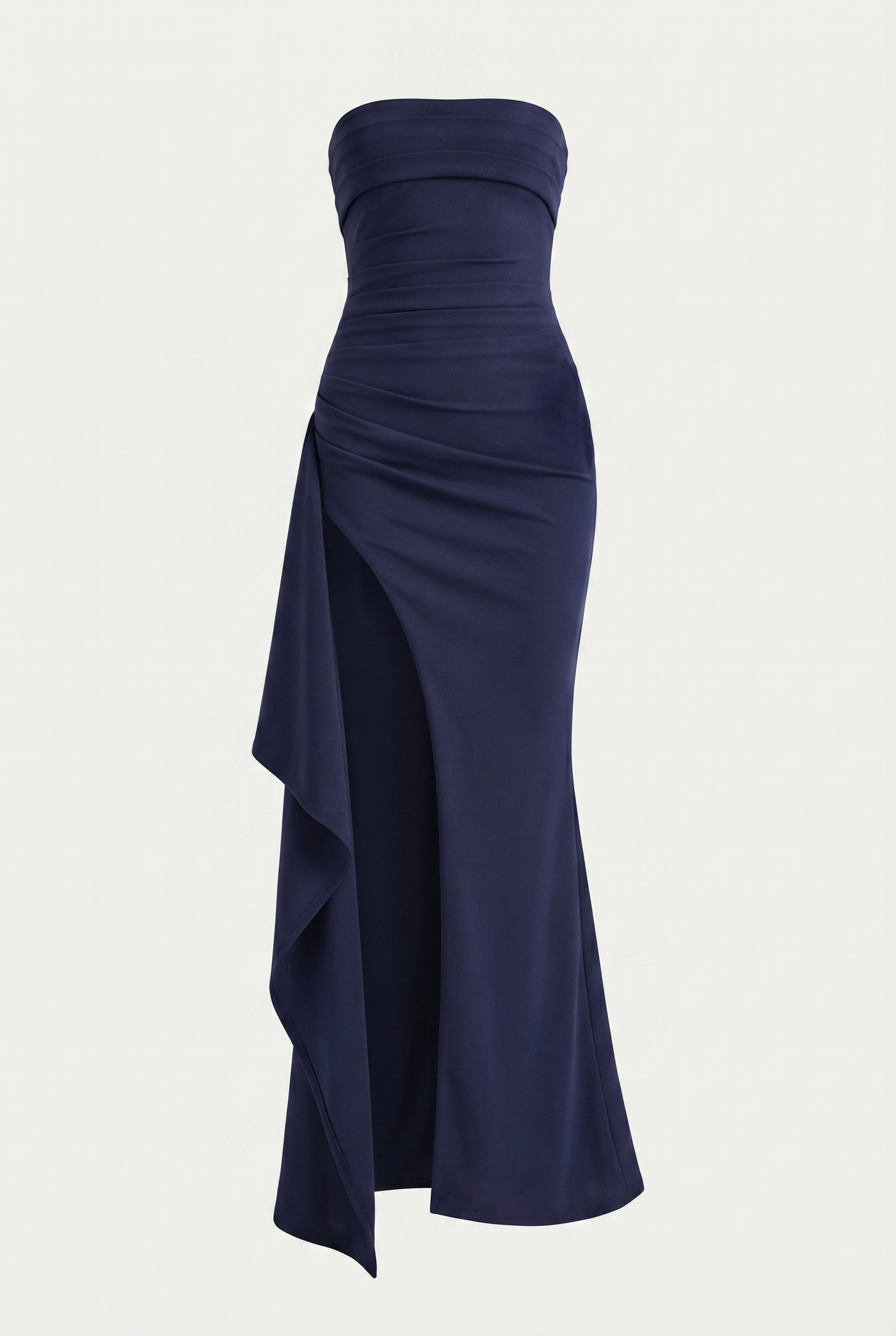 Elyna Strapless Draped High-Slit Maxi Dress – Navy Blue