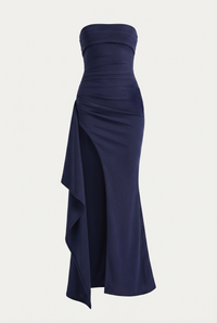 Elyna Strapless Draped High-Slit Maxi Dress – Navy Blue