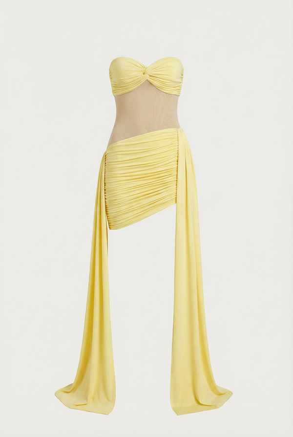 Dalia Sheer Draped Mini Dress – Yellow