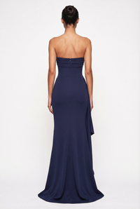Elyna Strapless Draped High-Slit Maxi Dress – Navy Blue