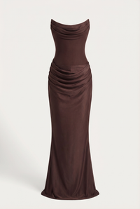 Andina Draped Corset Maxi Dress with Gloves & Scarf - Brown