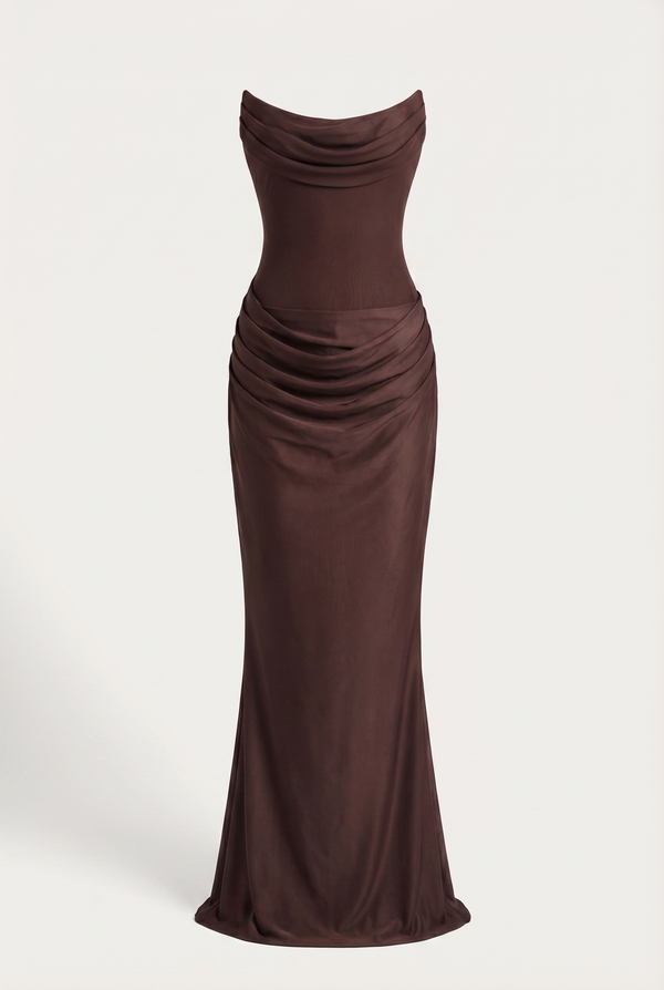Andina Draped Corset Maxi Dress with Gloves & Scarf - Brown