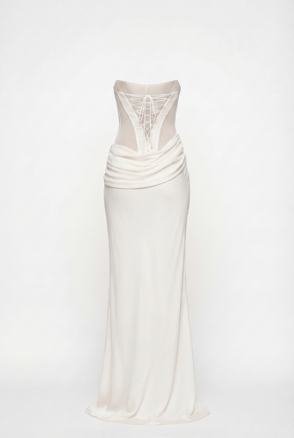 Andina Draped Corset Maxi Dress with Gloves & Scarf - White