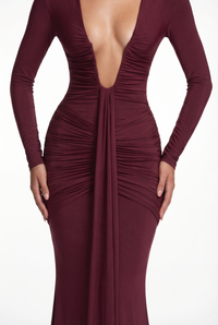 Bella Ruched Deep Plunge Maxi Dress – Burgundy