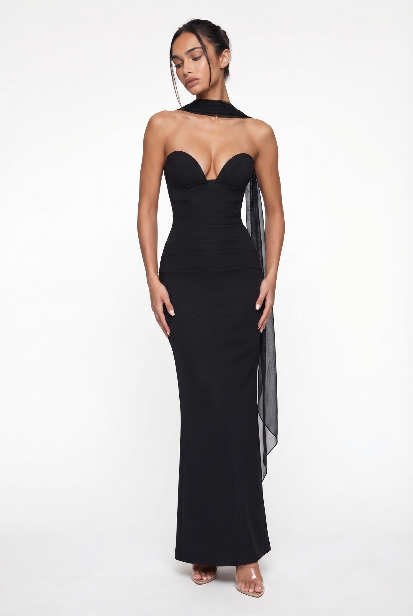 Esther Strapless Maxi Dress with Sheer Scarf – Black