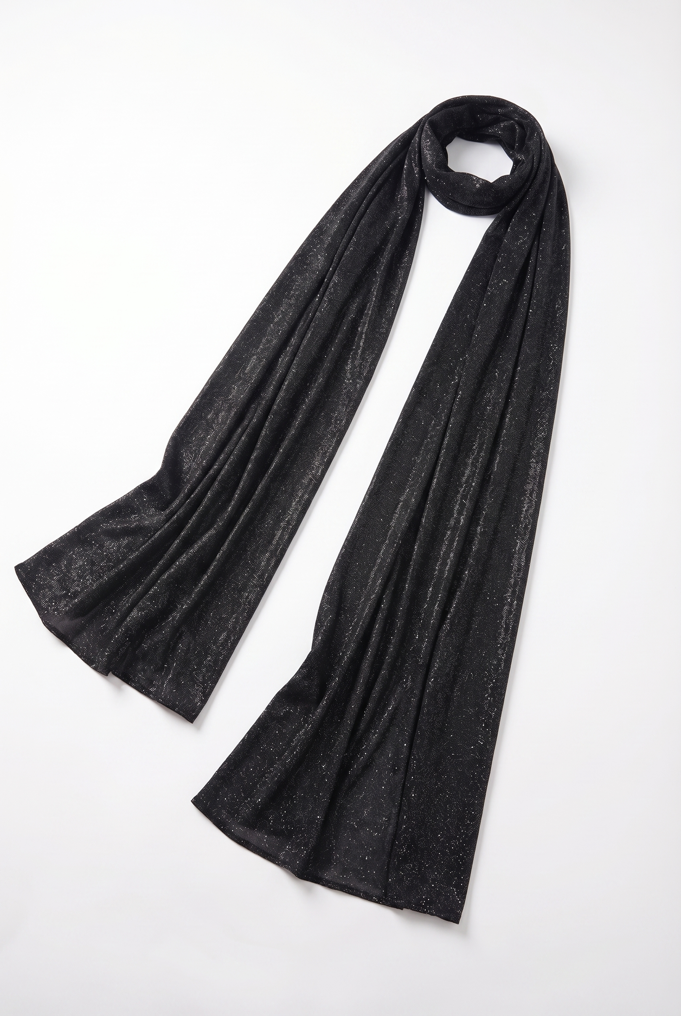 Lorena Sheer Panel Glitter Maxi Dress with Scarf – Black