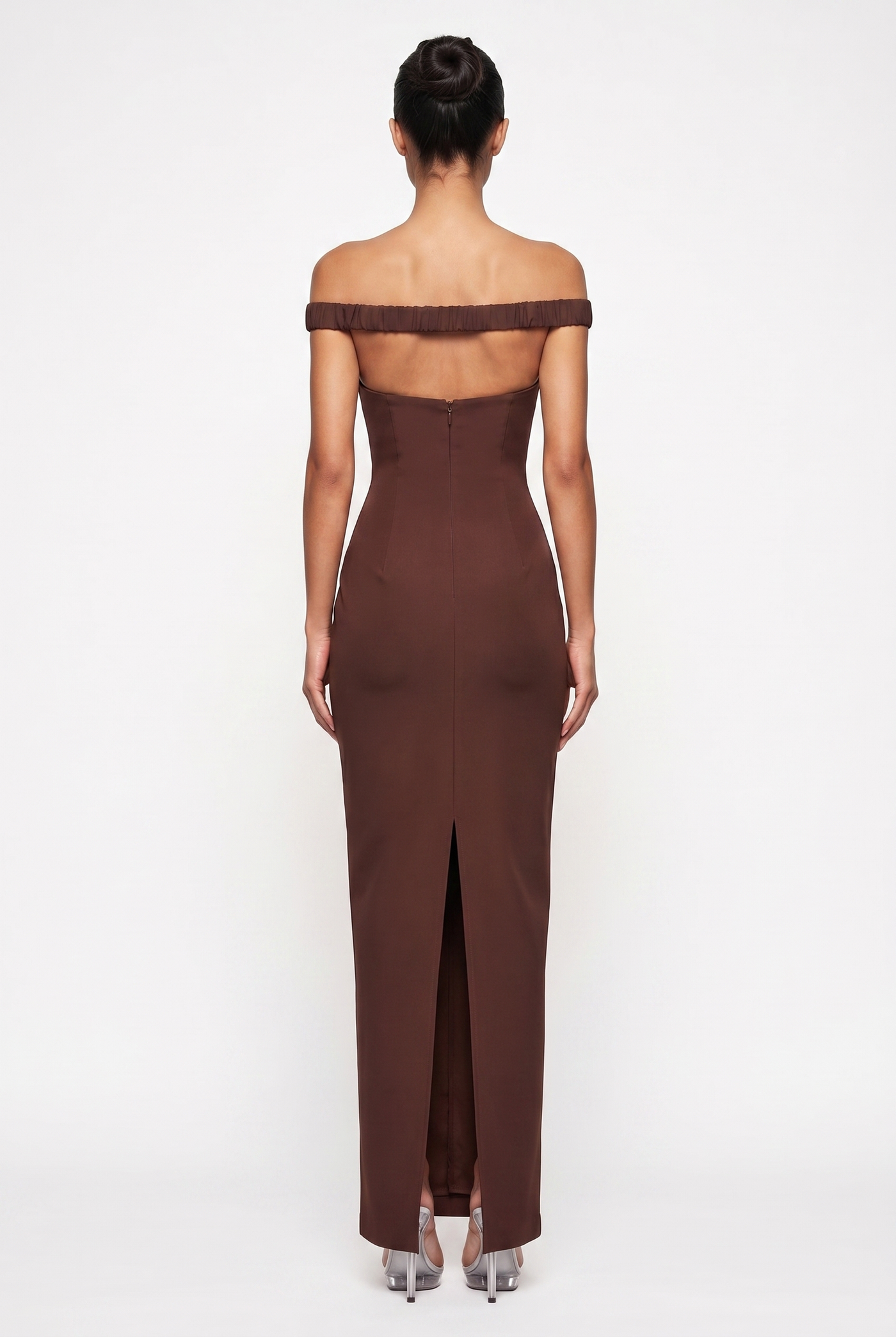 Serena Off-Shoulder Maxi Dress with Scarf – Brown