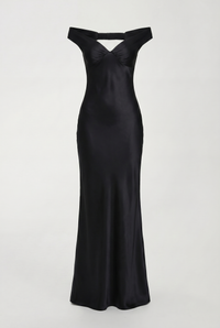 Keely Off-Shoulder Satin Maxi Dress – Black