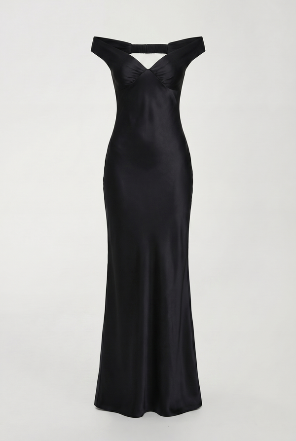 Keely Off-Shoulder Satin Maxi Dress – Black