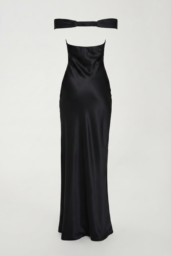 Keely Off-Shoulder Satin Maxi Dress – Black